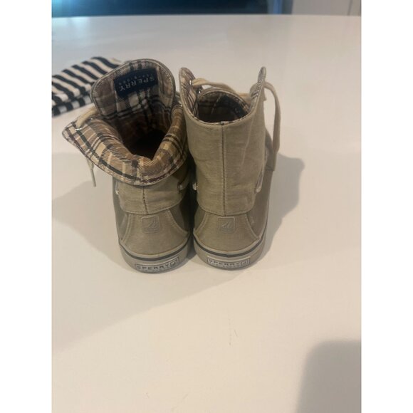 Sperry Mens Olive High-Top Canvas Boat Shoes With Plaid Lining Lace-Up Closure S - Picture 5 of 5